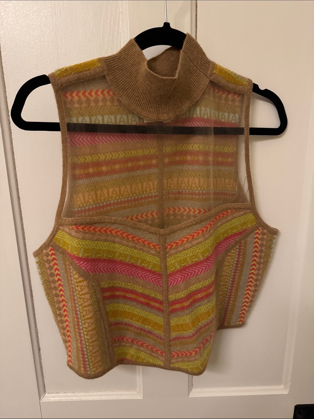 Anthropologie Striped Sleeveless Cashmere Turtleneck Vest in Tan, Pink & Yellow